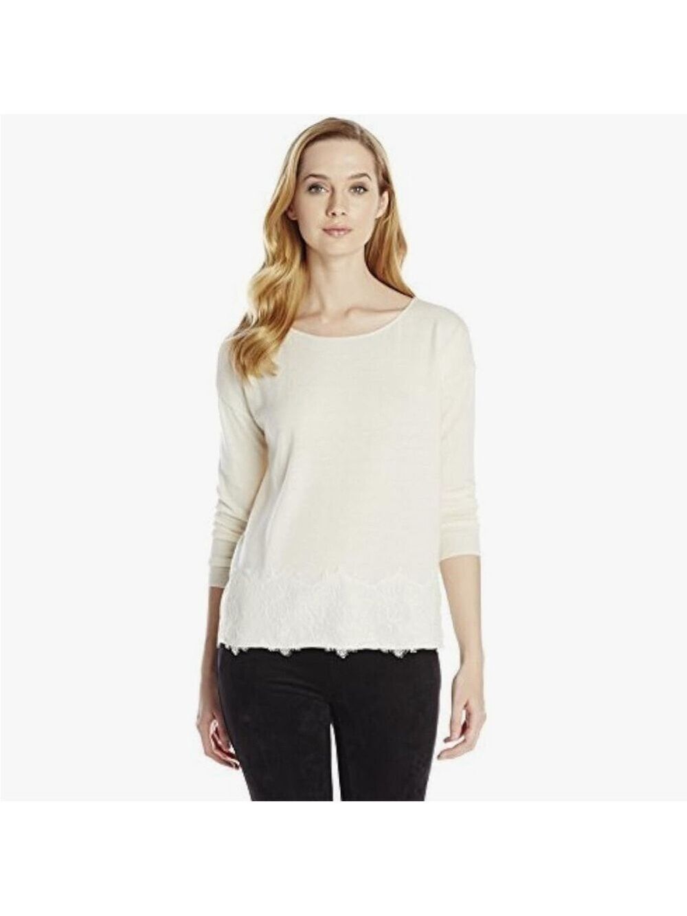 Joie Beige Bastienne Wool Cashmere Blend Lace Hem Sweater